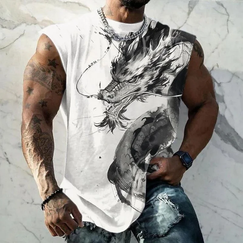 Vintage Chinese Loong Pattern Tank Tops For Men Cool Animal 3D Printed Tops Summer Casual Loose Sports O-Neck Vest Street Tees