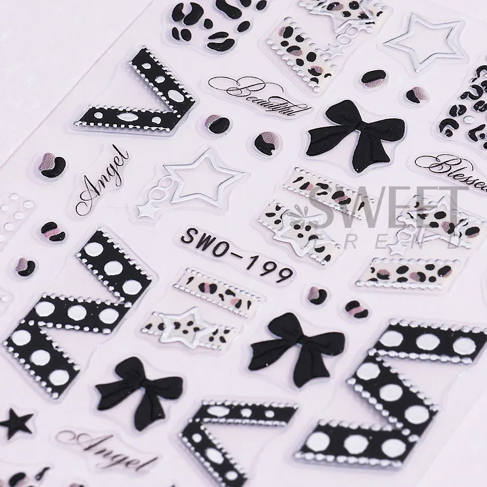 2 Stück Y2K Nagelaufkleber Schwarz Rosa Leopardenmuster Schleife Hohlstern Band Französisches Design Nagelsticker DIY Halloween Maniküre Deko – Detail 6