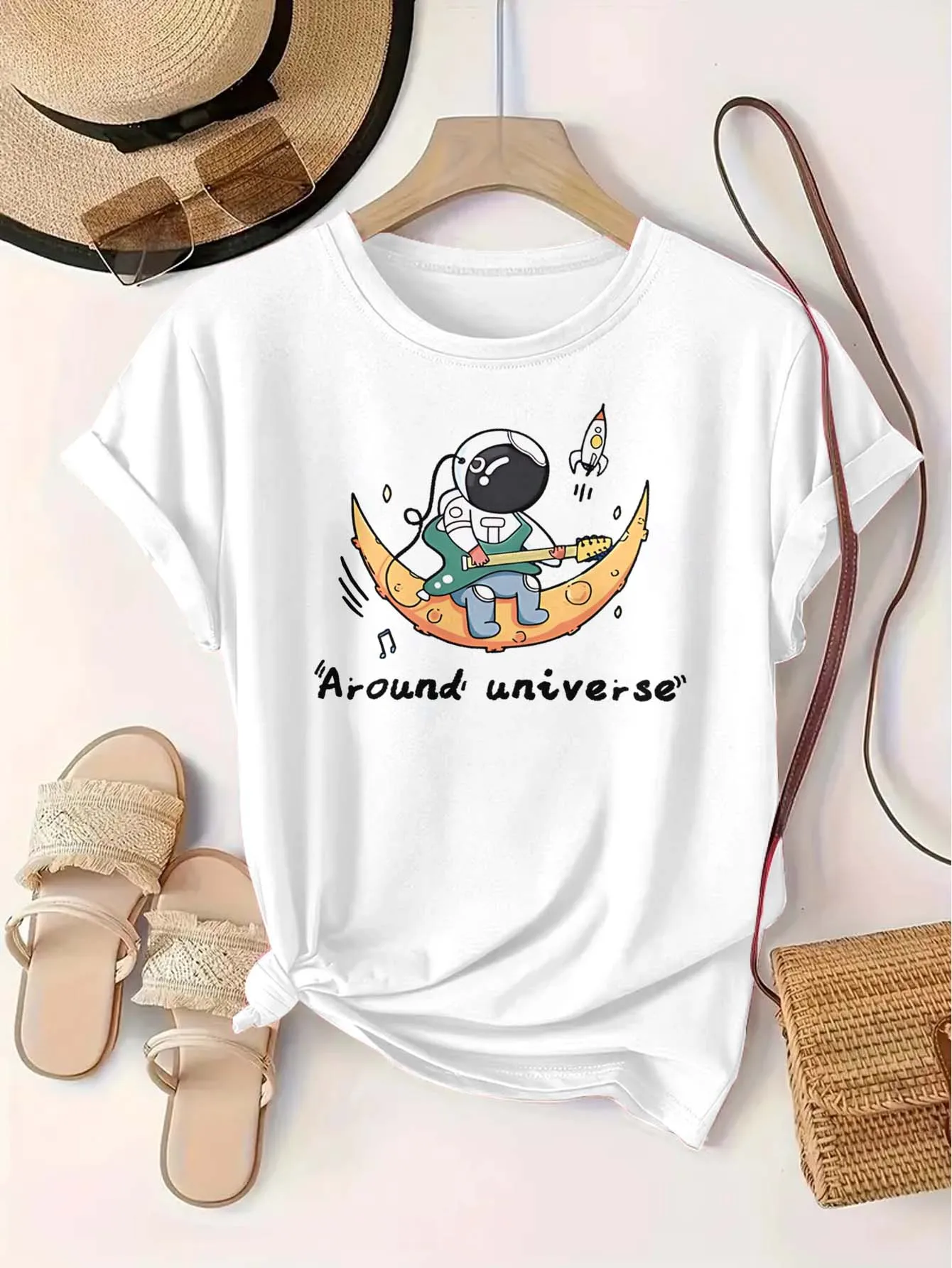 

Plus Size 1xl-5xl Short Sleeve T - Shirt Women's Oversize Clothing | Astronaut Moon Guitar “Around Universe” Graphic