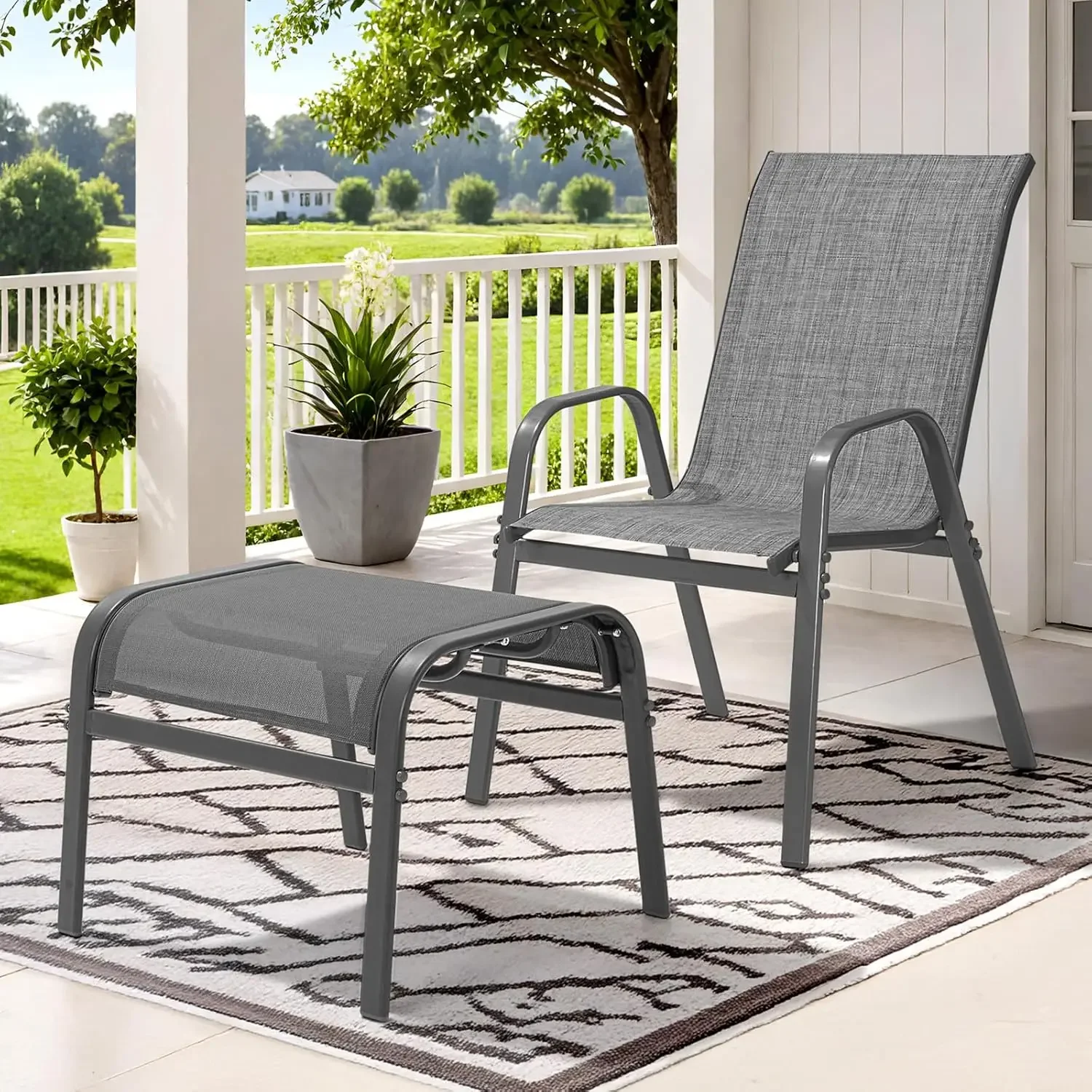 Outdoor Ottoman Set of 2, All Weather Foot Stool with Supportive Textliene and Metal Frame, Stackable Oversized Foot Rest