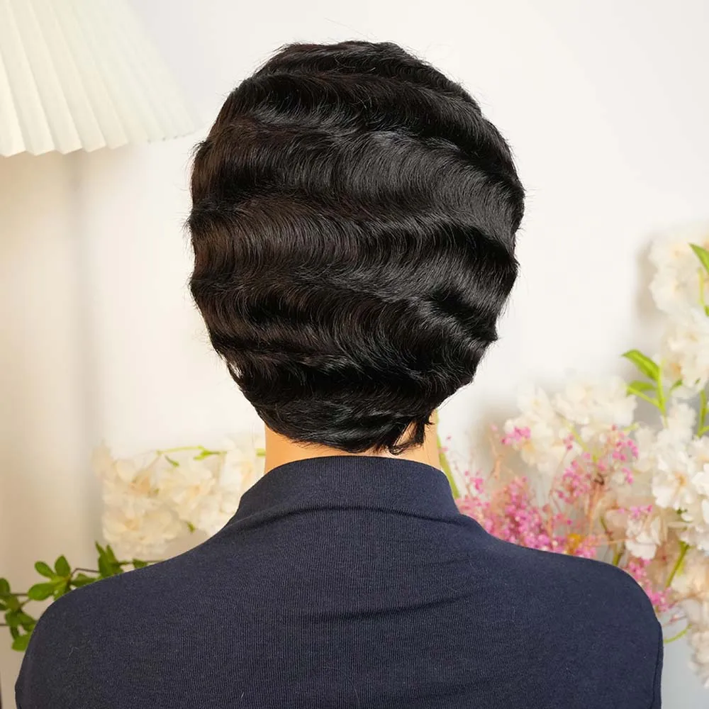 Kurze lockige Pixie-Schnitt-Perücke, kurzer Bob, Echthaar für schwarze Frauen, Fingerwelle, geschichteter Bob, maschinell hergestellte Perücke für Frauen