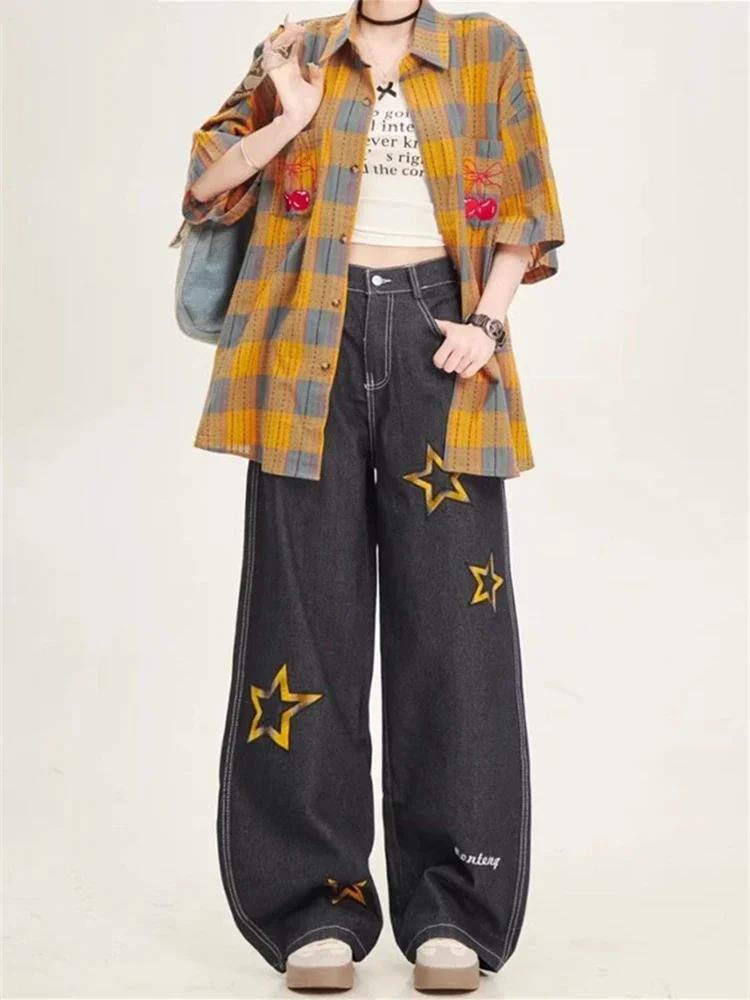 Women's Star Pattern Dark Blue Wide-leg Jeans Street Girl Bottoms Baggy Pants Female Fashion High Waist Denim Trousers