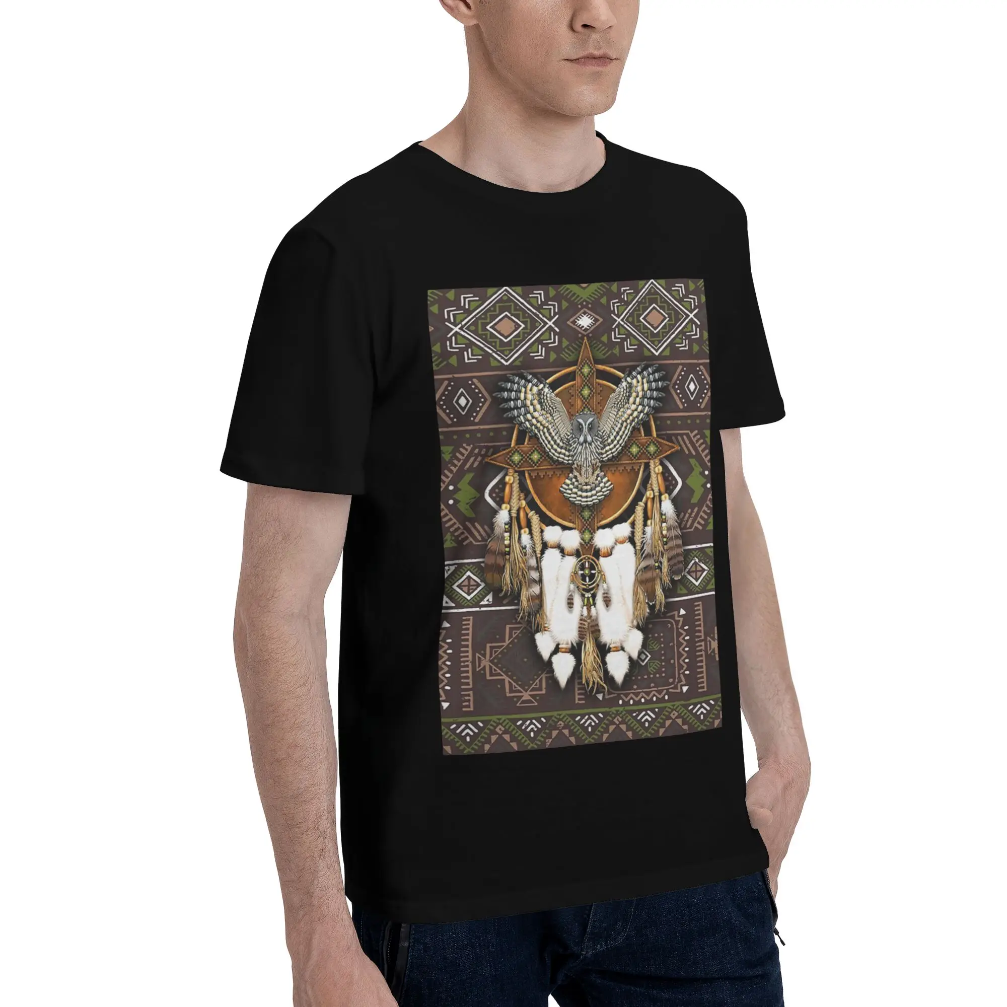 

Native American Owl African Tribal Men T-Shirt Plus Size T Shirts Men's Round Neck Cotton Tees Short Summer Male