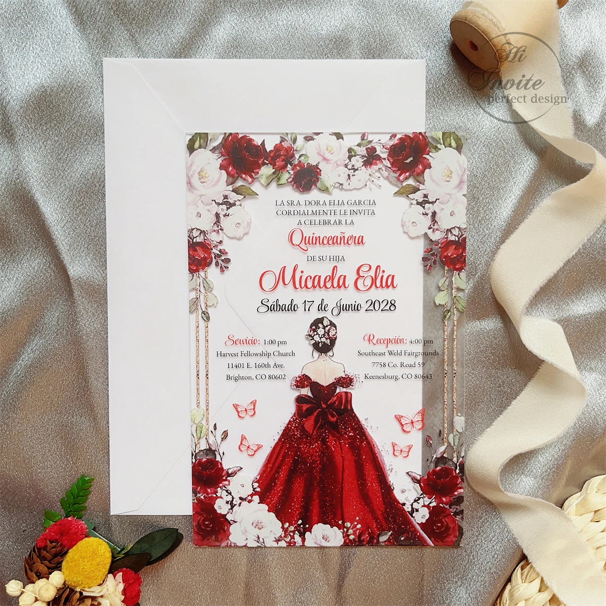 Acrylic Sweet 15 Birthday Invitation, Red FLoral Quinceañera Acrylic Invite, XV Anos Princess Invitation