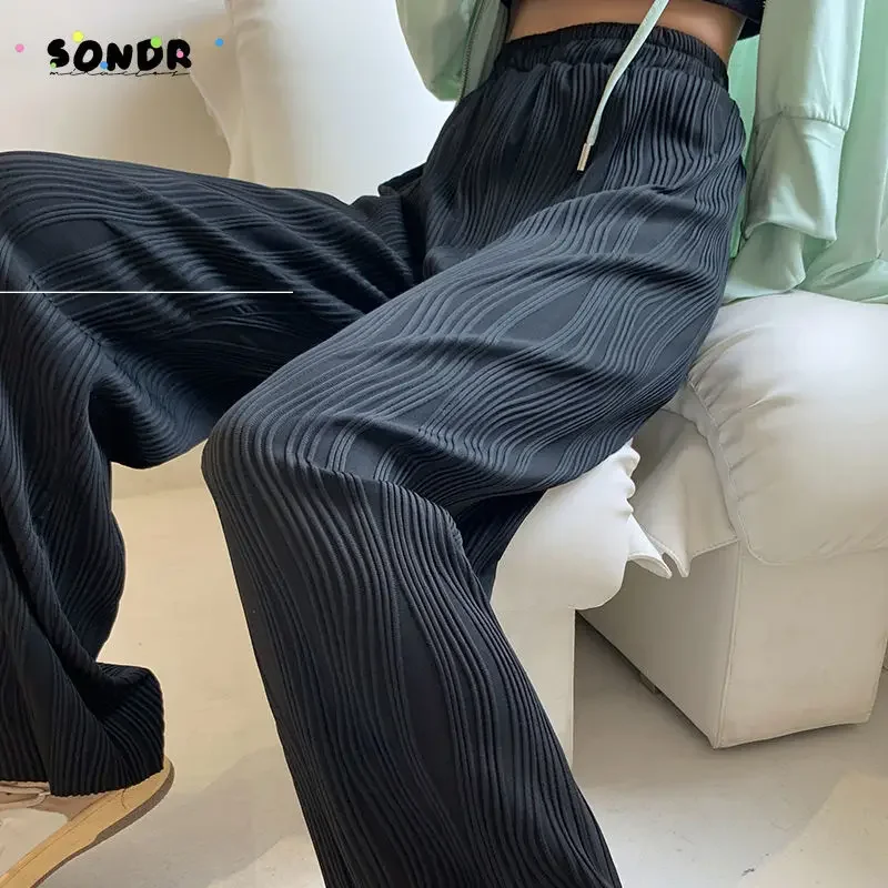 

Black Wide Leg Bottoms Women Summer Elegant Pleated Palazzo Pants Stripe Full Length Trousers High Waist Causal Elastic Pants