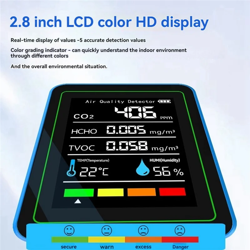 T24C 5-in-1 luchtkwaliteitsmonitor TVOC HCHO temperatuur-vochtigheid CO2-meter, USB oplaadbare CO2-detector