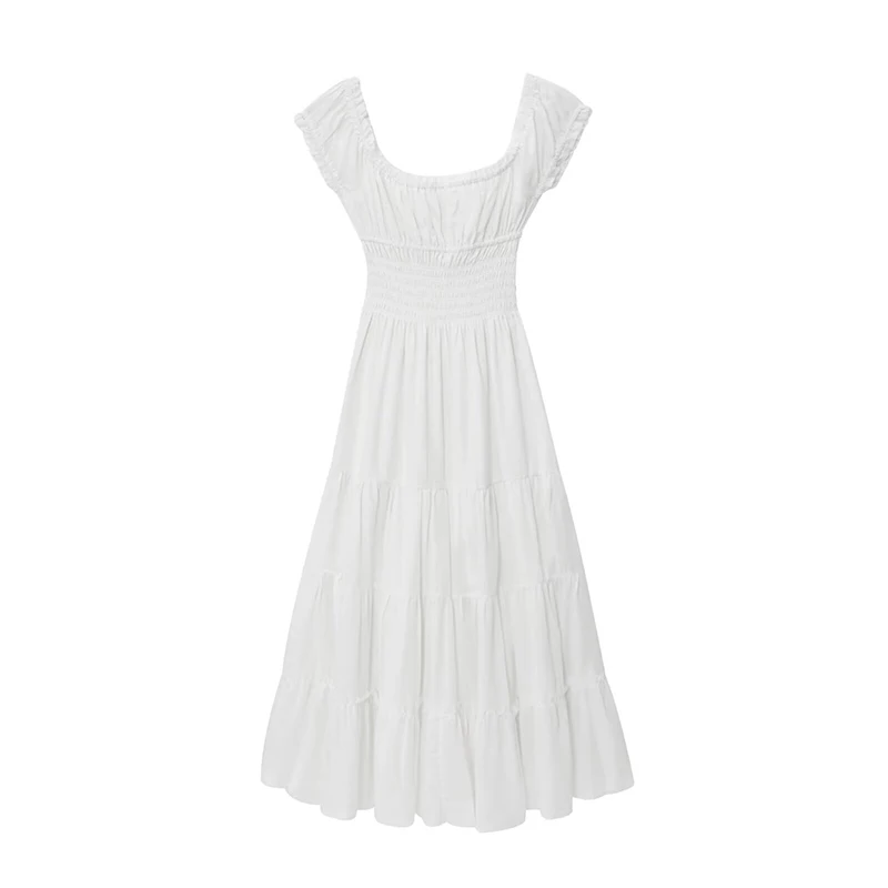 French Style Solid U-Neck Summer Dresses 2025 Women Short Sleeve A-line Casual Beach Boho Holiday Dress Elegant Lady Robe