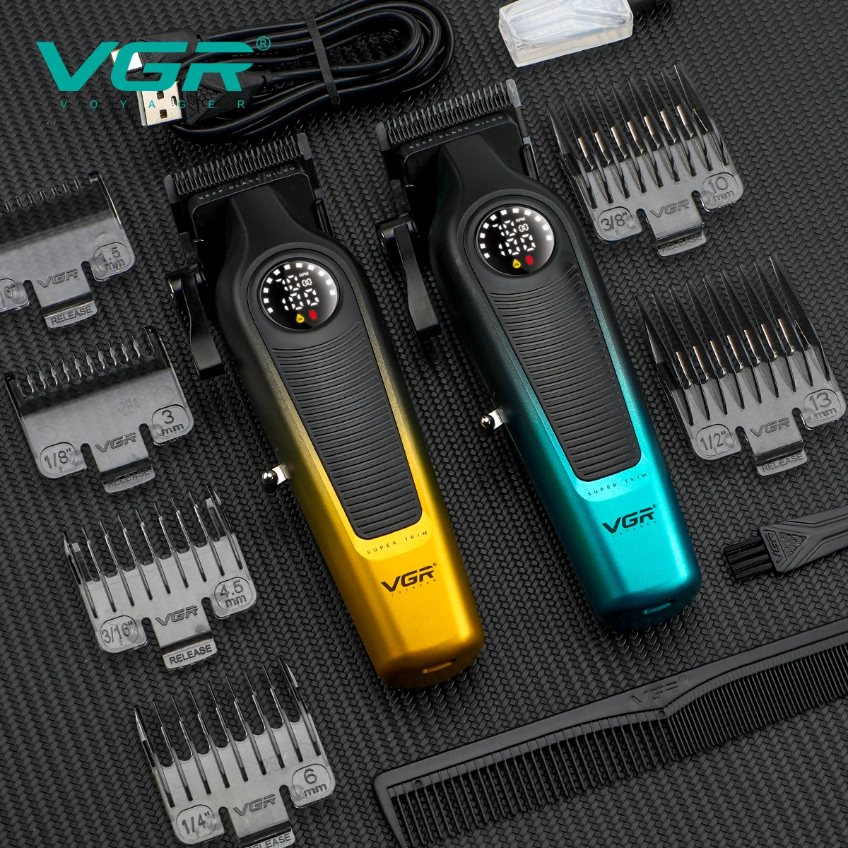 VGR V-196 Men's Hair Clipper DLC Blade LED Display Cordless USB