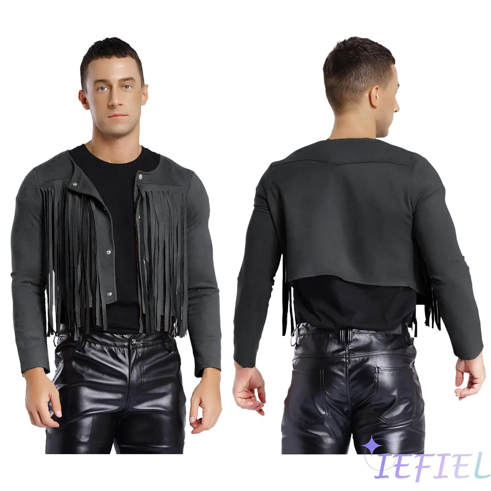 

Halloween Mens Cowboy Roleplay Costume Stylish Fringe Faux Suede Crop Jackets Cosplay Cardigan Hippie Western Style Outerwear