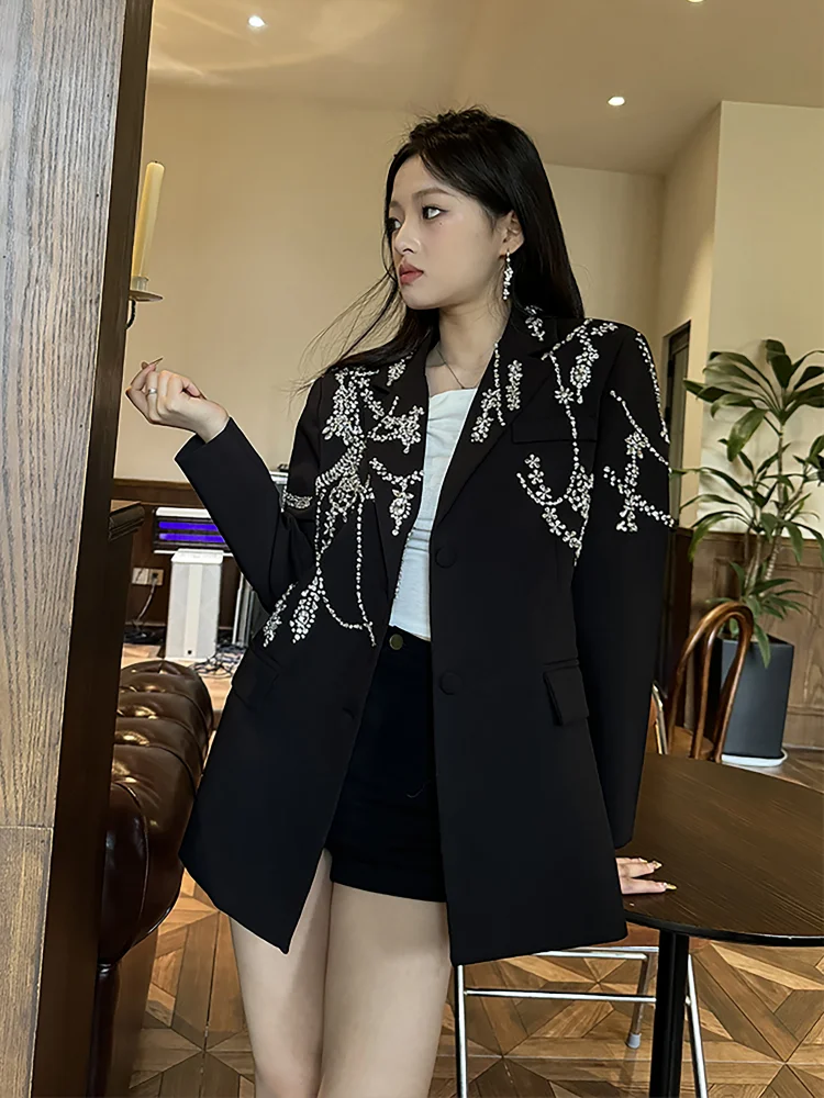 Jaket Blazer pesta manik-manik berlian berkilau wanita, jaket Blazer satu baris, hitam longgar, setelan panjang menengah, mantel kristal jamuan makan