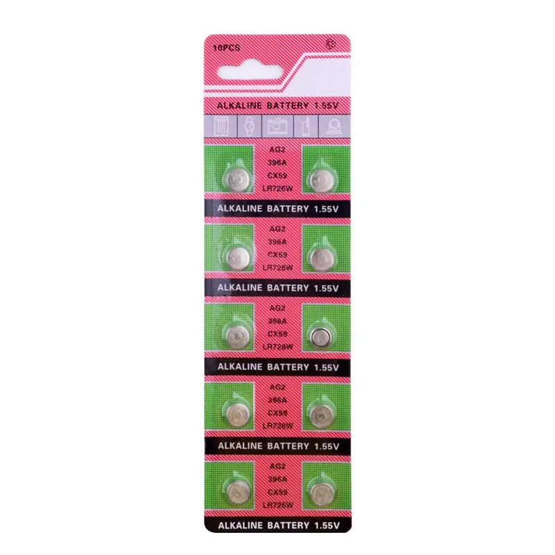 100pcs /10 Cards 30mAh 1.55V AG2 LR726 397 396A SR726 196 SR59W SR726SW Button Cell Coin Battery For Watch Toys Remote