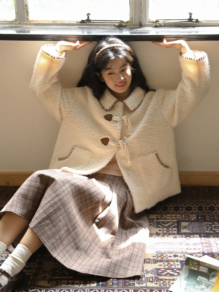 

Nesoulum Women's ort Lamb Fur Jaet Particle Wool Milk White Loose Fit Winter Retro Sle Commute Faion Ladies Coat