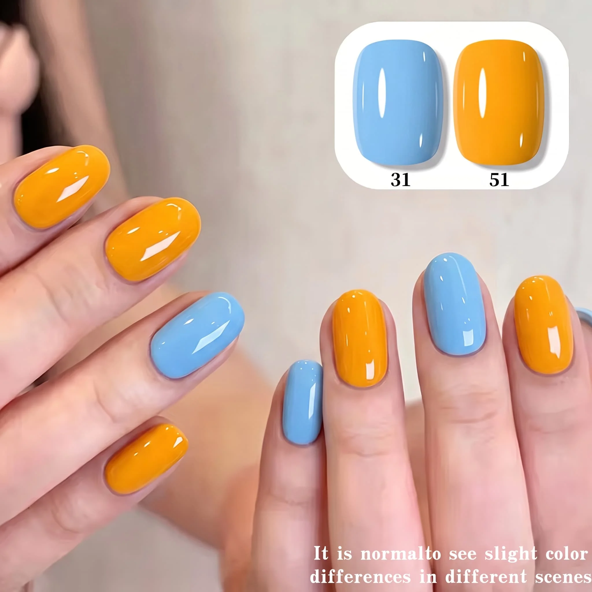 Hassleless 2-Pack Color-Blocking Nail Polish Gel Set, 15ml Large Capacity, Clear Sky Blue and Vibrant Orange Solid Color Nail Polish Gel, Salon-Grade High Saturation Color, Mirror-Like Shine, Long-Lasting and Not Easy