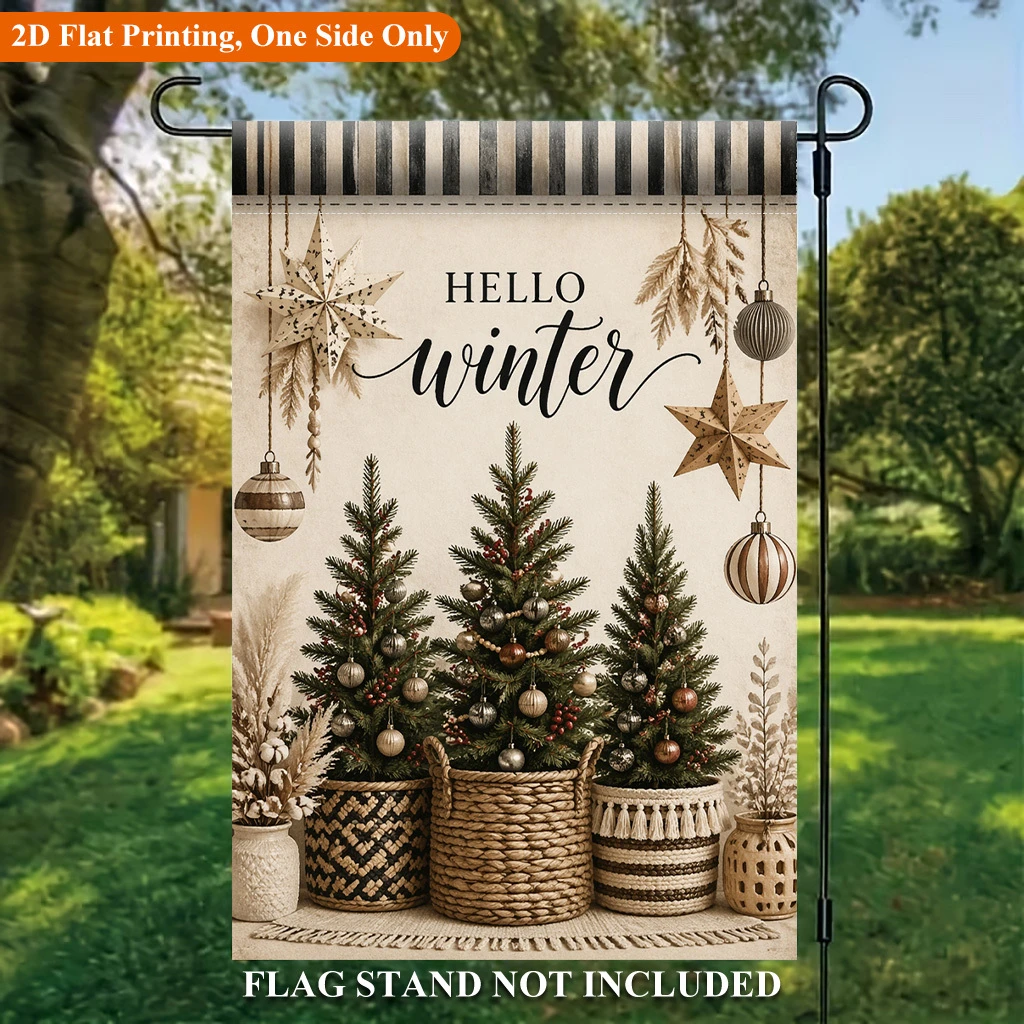 1pcs Hello Winter Boho Christmas Garden Flag Rustic Farmhouse Holiday Outdoor Decor