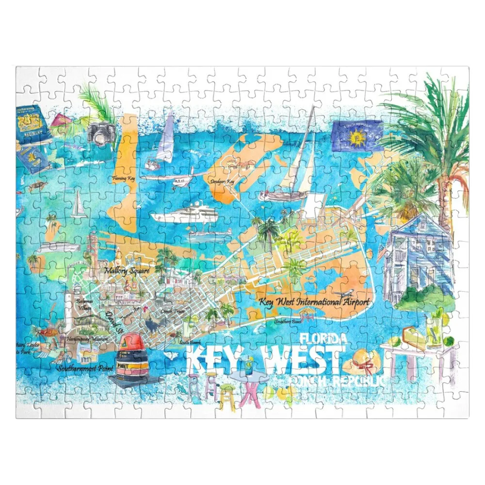 Key West Florida Illustrated Travel Map with Roads and Highlights Jigsaw Puzzle Personalized Puzzle Scale Motors