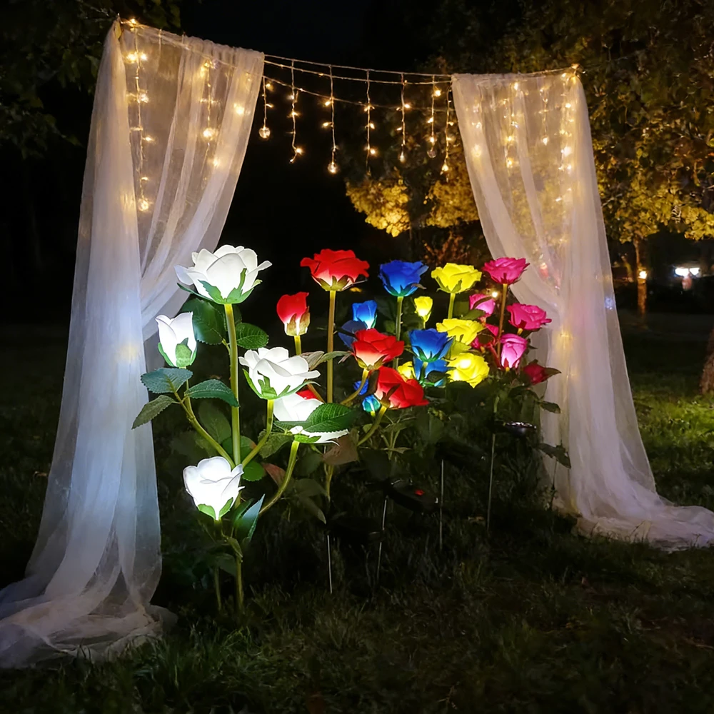 

5 Head LED Solar Simulation Rose Flower Solar LED Light Garden Yard Lawn Night Lamp Garden Wedding Decoration Flowers