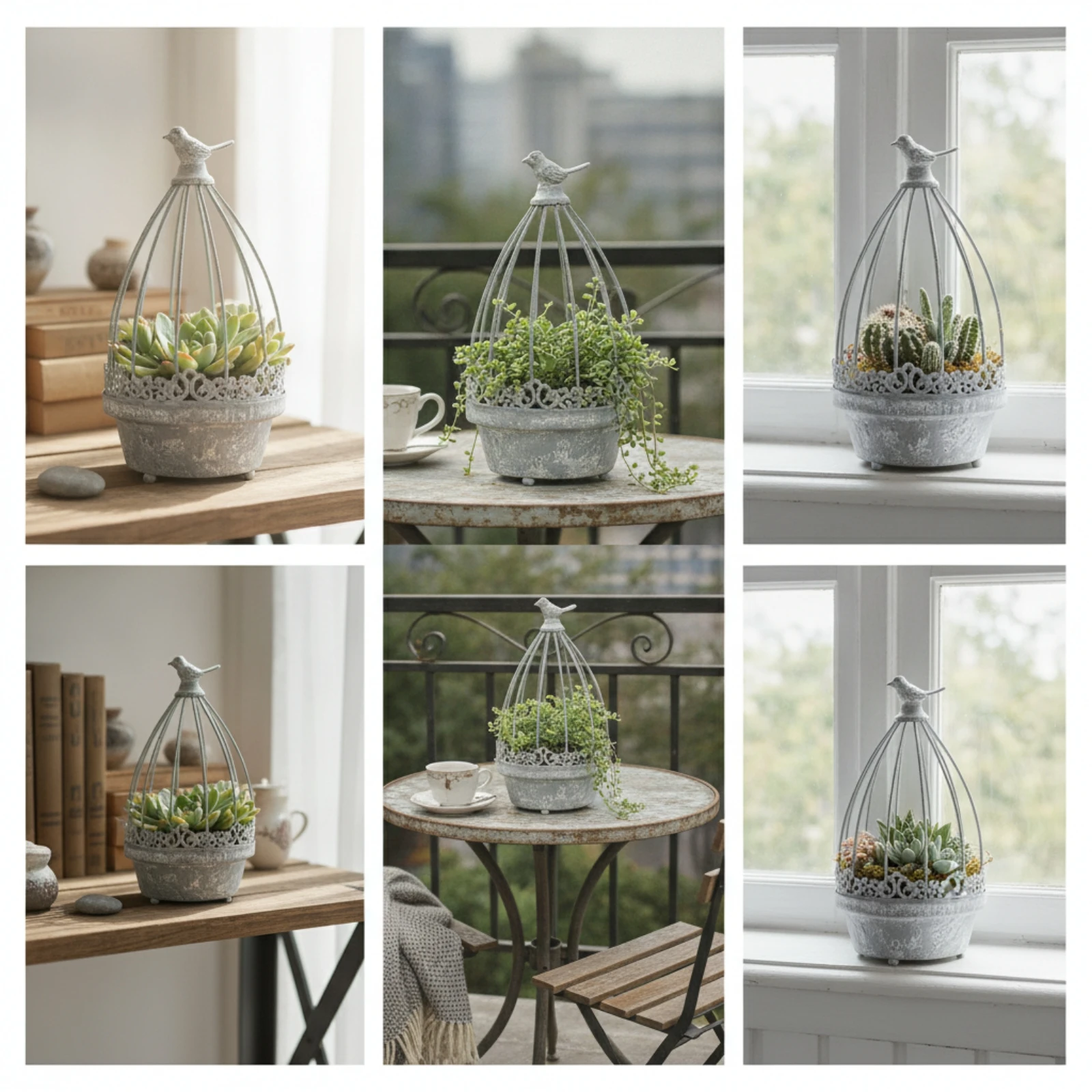 Birdcage Planter Weathered Birdcage Plant Holder Planter with Bird Ornament Metal Candle Holder Farmhouse for Gardeners, Garden