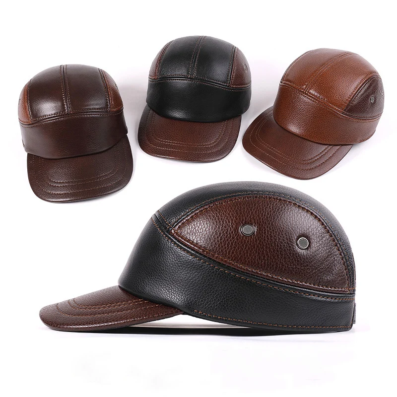 

New High Grade Cow Genuine Leather Men Visor Cap Autumn Winter Warm Earproof DAD Cap Large Size Golf Cap Casual Peaked Cap