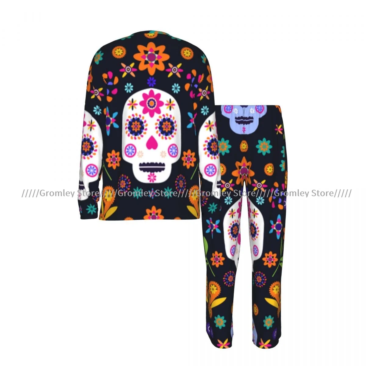 Men's Pajama Set Long Sleeve and Long Pants Sugar Skulls And Colorful Flowers Soft Sleepwear for Home