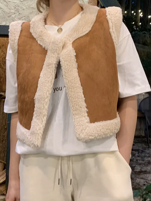

Faionable ort Women's Vest Winter Thiened Suede Lamb Fur Splicing Two-Sided Wear Polyester Fiber round Neline Korean ...
