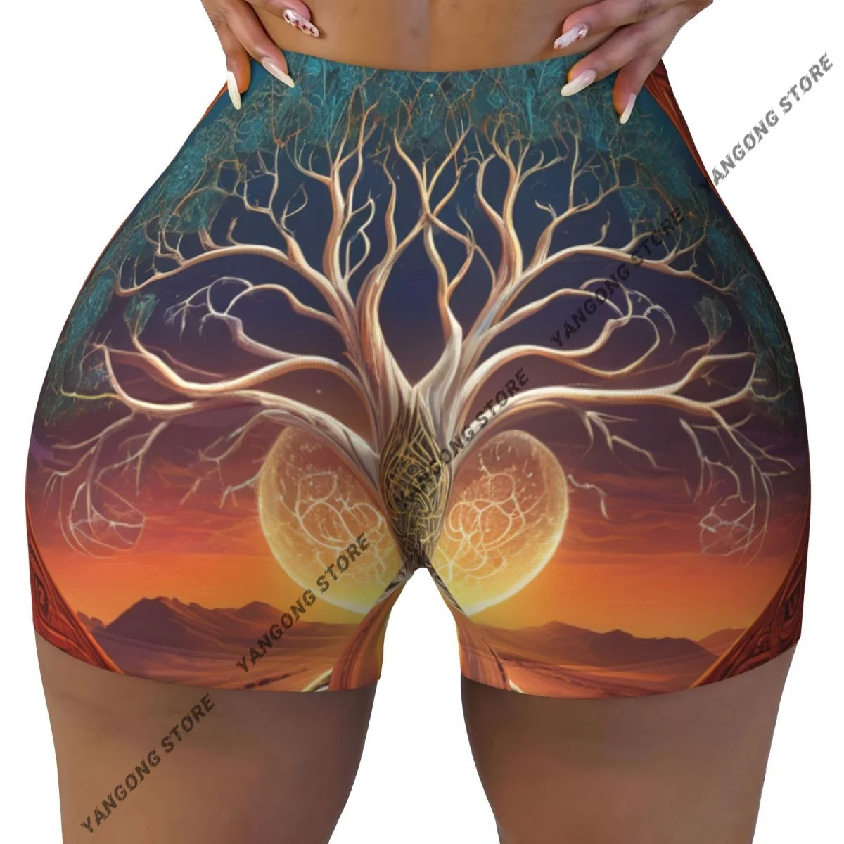 Women's Yoga Shorts Ancient Yggdrasil Tree Of Life Scrunch Booty Butt Lifting Comfort Fitness Gym