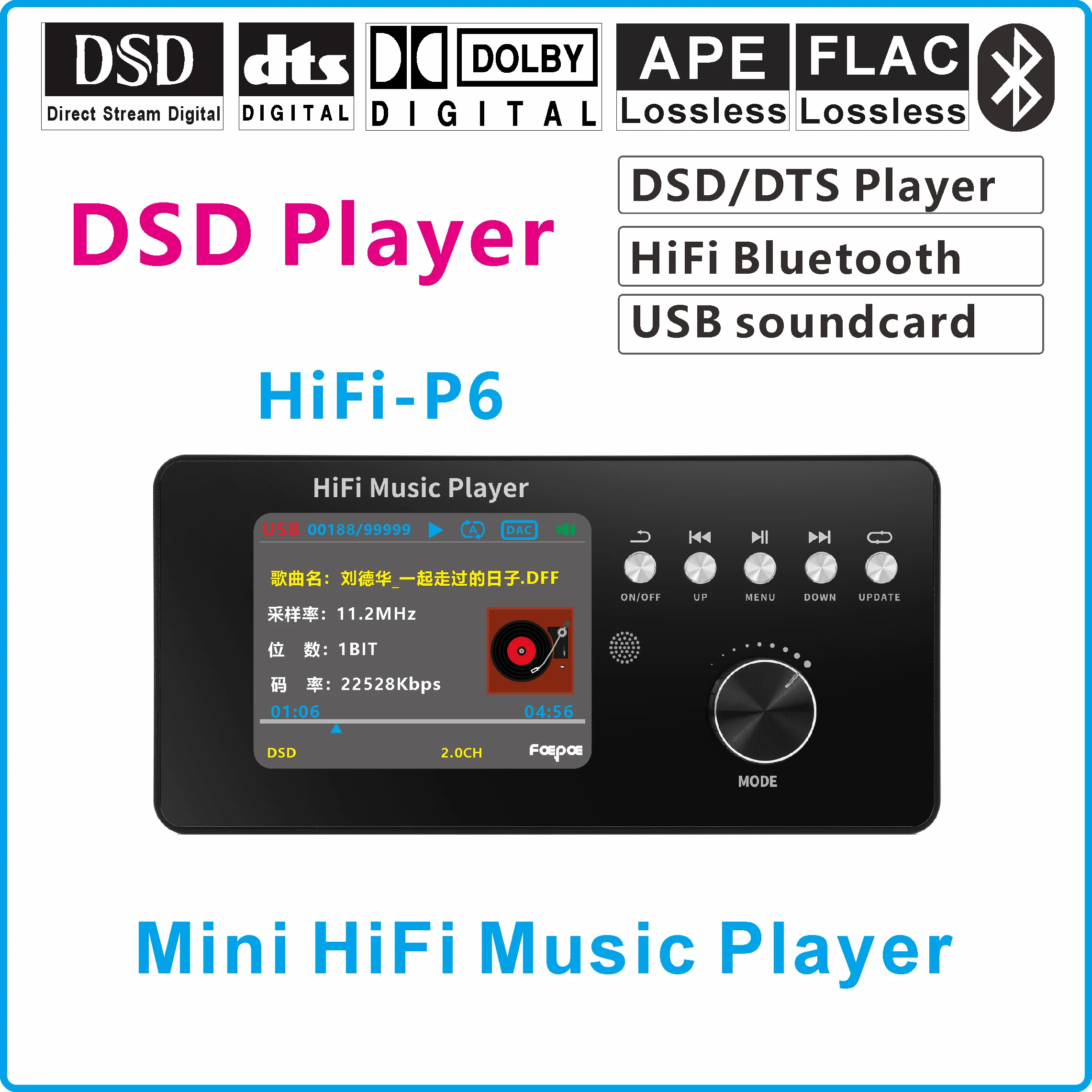 

DSD DTS AC3 Digital player Master tape Audio Decoder DAC Coaxial Optical PC-USB Soundcard Bluetooth BT 5.0