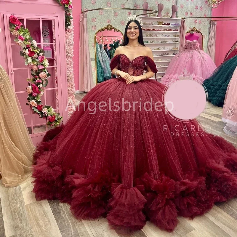 

Angelsbridep Elegant Burgundy Ball Gown Quinceanera Dress Off Shoulder Ruffle Train Party Dresses Vestidos 15 Años Quinceañera