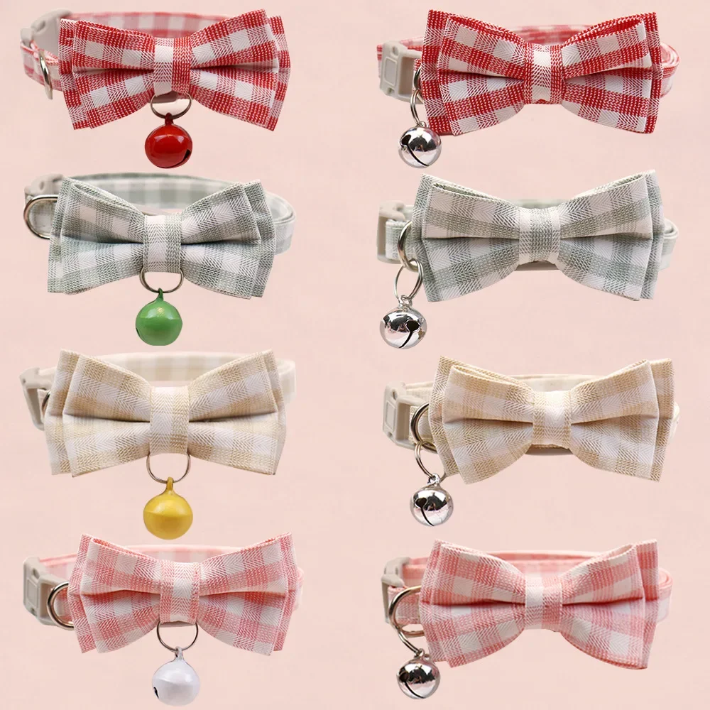 Pet Breakaway Cat Collars Bow Tie Cute Plaid Solid Color Elastic Adjustable Dog Collar with Sash Small Bell Necklace for Kitten