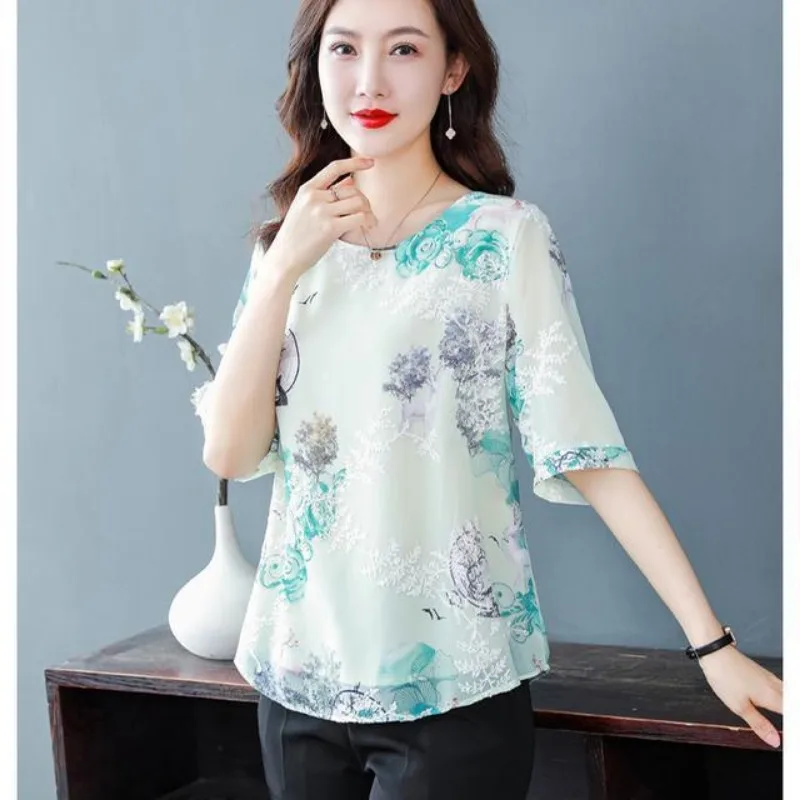 Women Summer Fashion Printing Loose Appear Thin O-neck Short Sleeve Chiffon Shirts Women Clothes Elegant All-match Trend Tops