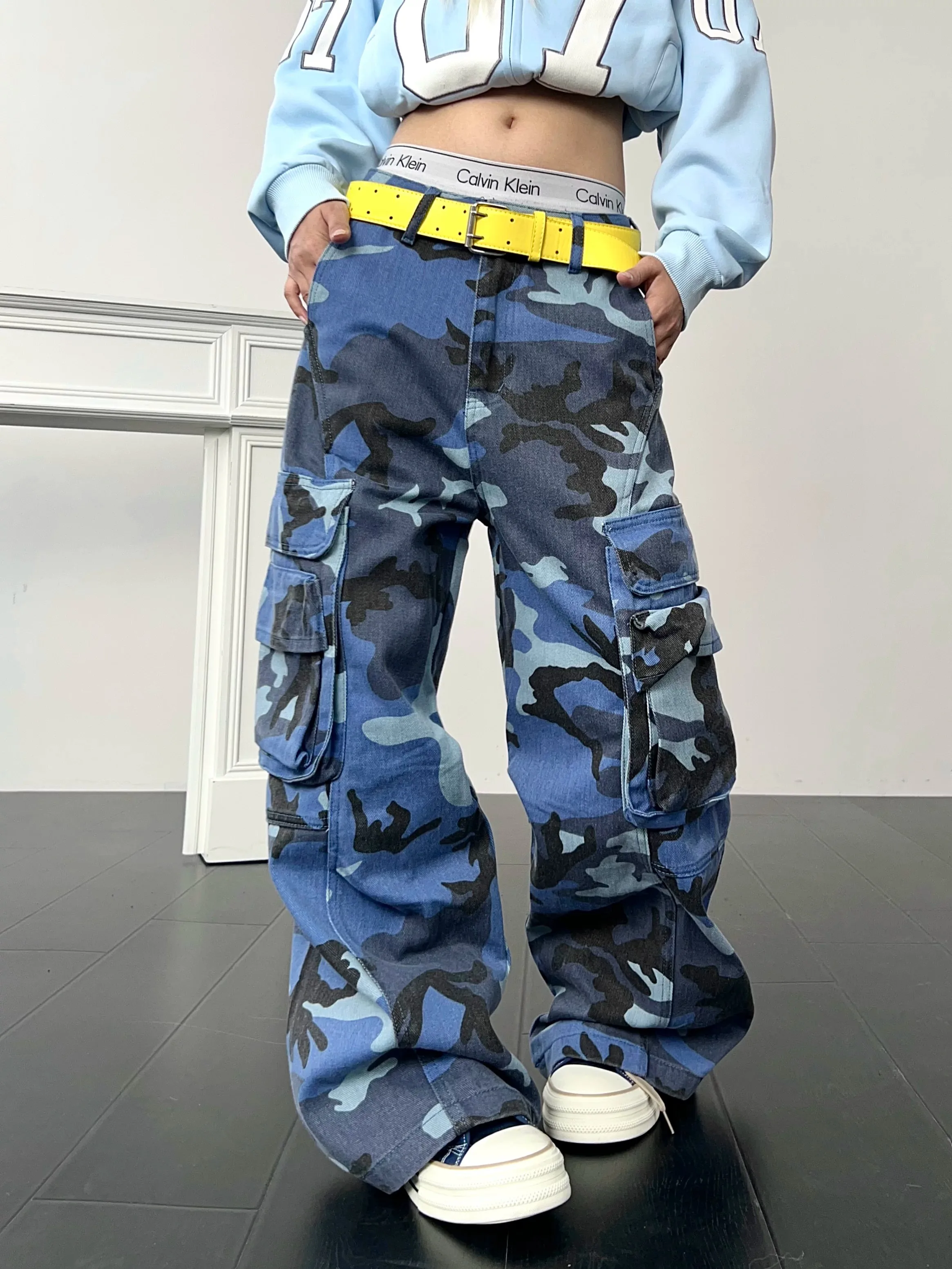 American Street Style Camouflage Denim Pants Multiple Pockets Loose Wide Leg Casual Workwear for Men And Women