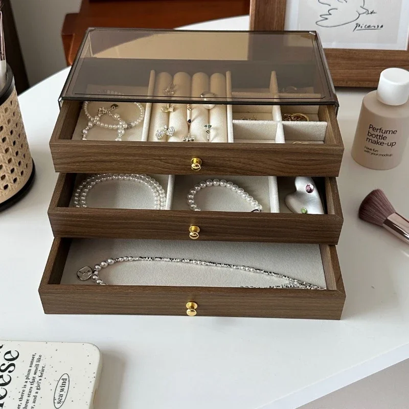 Large Capacity Jewelry Box, Walnut Finish Storage Case with Velvet Lining for Earrings Necklaces, Elegant Vanity Table Organizer