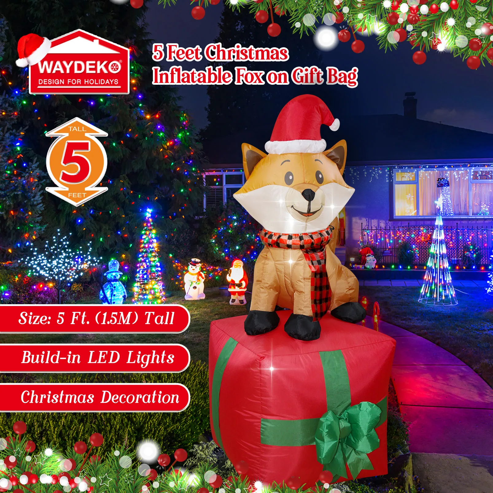 1.6m Christmas Inflatable Fox Gift Bag LED Lighted Blow Up Outdoor Yard Lawn Decoration for Home Garden Winter Holiday Party