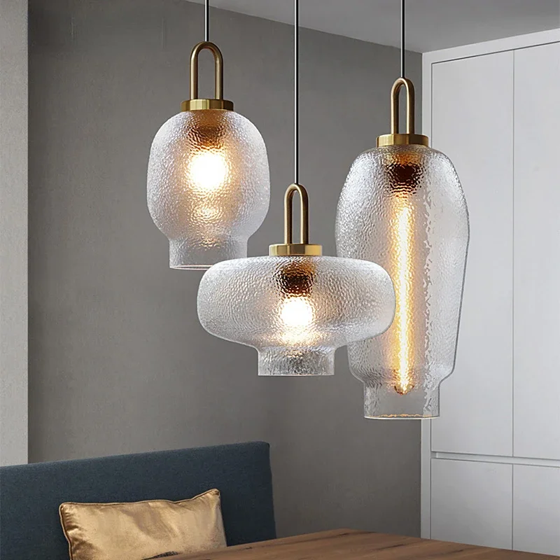 

New Water Textured Glass Chandelier Designer Minimalist Restaurant Kitchen Bar Table Lamp E27 Indoor Lighting Fixtures