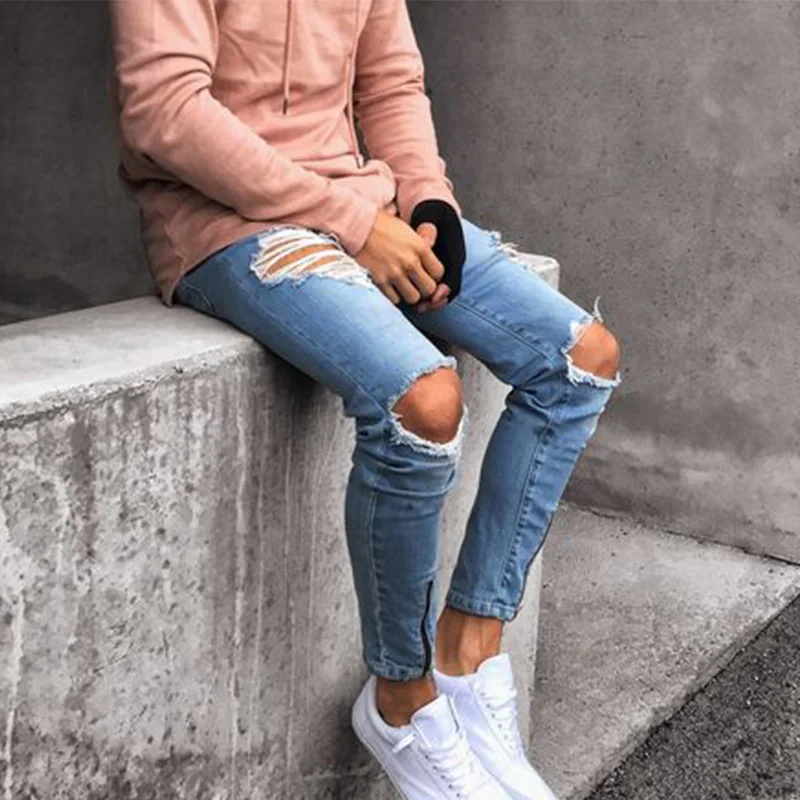 2022 Nieuwe Skinny Jeans Lichtblauw Zwart Gescheurde Stretch Heren Potlood Broek Premium Merk Ropa Hombre S-XXXL Broek Mannen