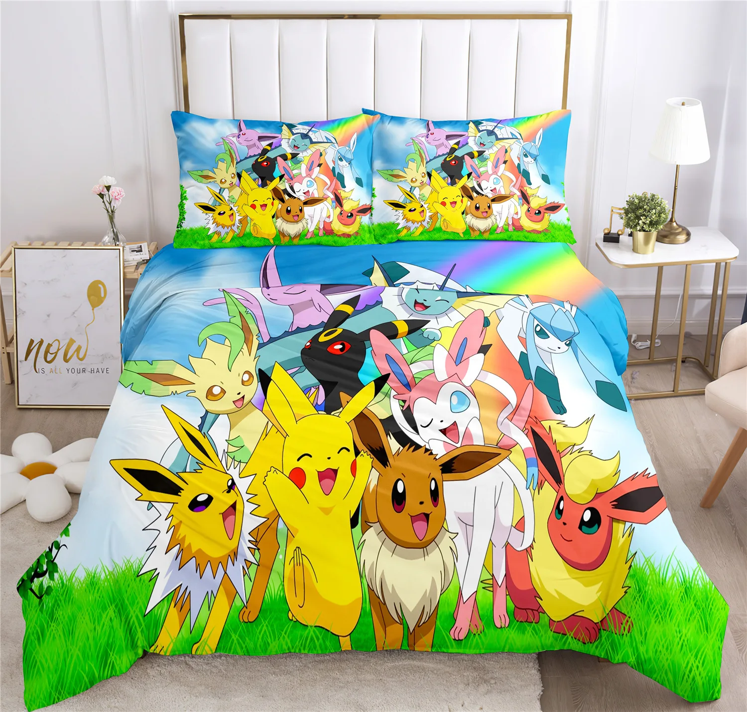 Cartoon Anime Pokemons Bedding Set Kawaii Pikachu Gengar Eevee Charizard Quilt Duvet Cover Pillowcase Kid Bed Set Twin King Size