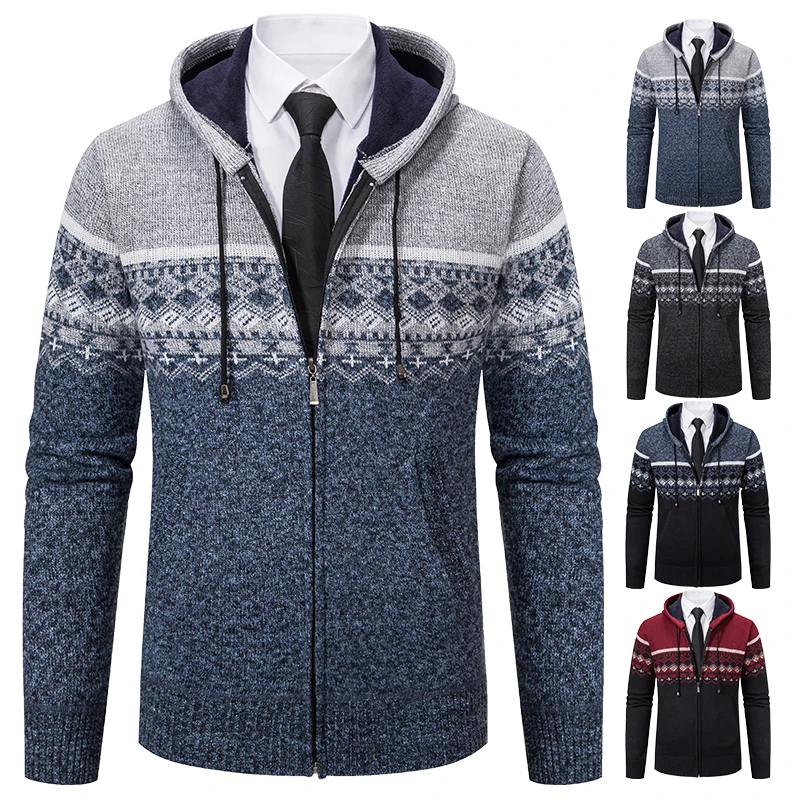 Warm men\'s jackets in autumn and winter men\'s Korean version of hooded men\'s knitted cardigan plus velvet padded jacket