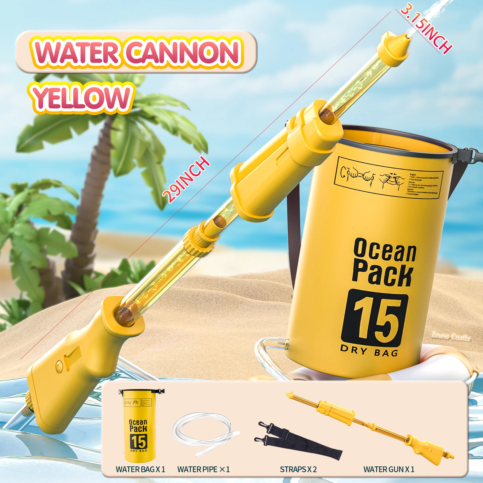 น้ําแคนนอนแรงดันสูงดึงและเปิดตัว Squirt ปืนยาวประมาณ 15 M, 15L ขนาดใหญ่ความจุฤดูร้อนชายหาดกลางแจ้งน้ําของเล่น