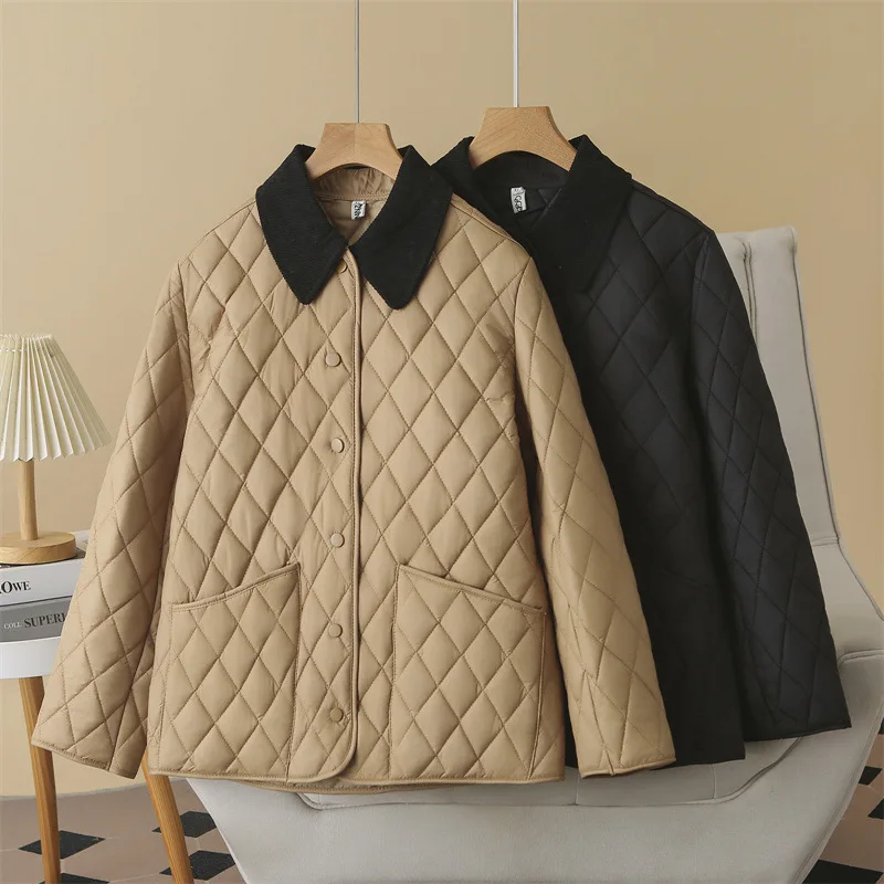 

French Quilted Cotton Jacket For Women Autumn/Winter Lapel Thicken Shirt Coat Fashion High Street Color Contrast Warm Jackets