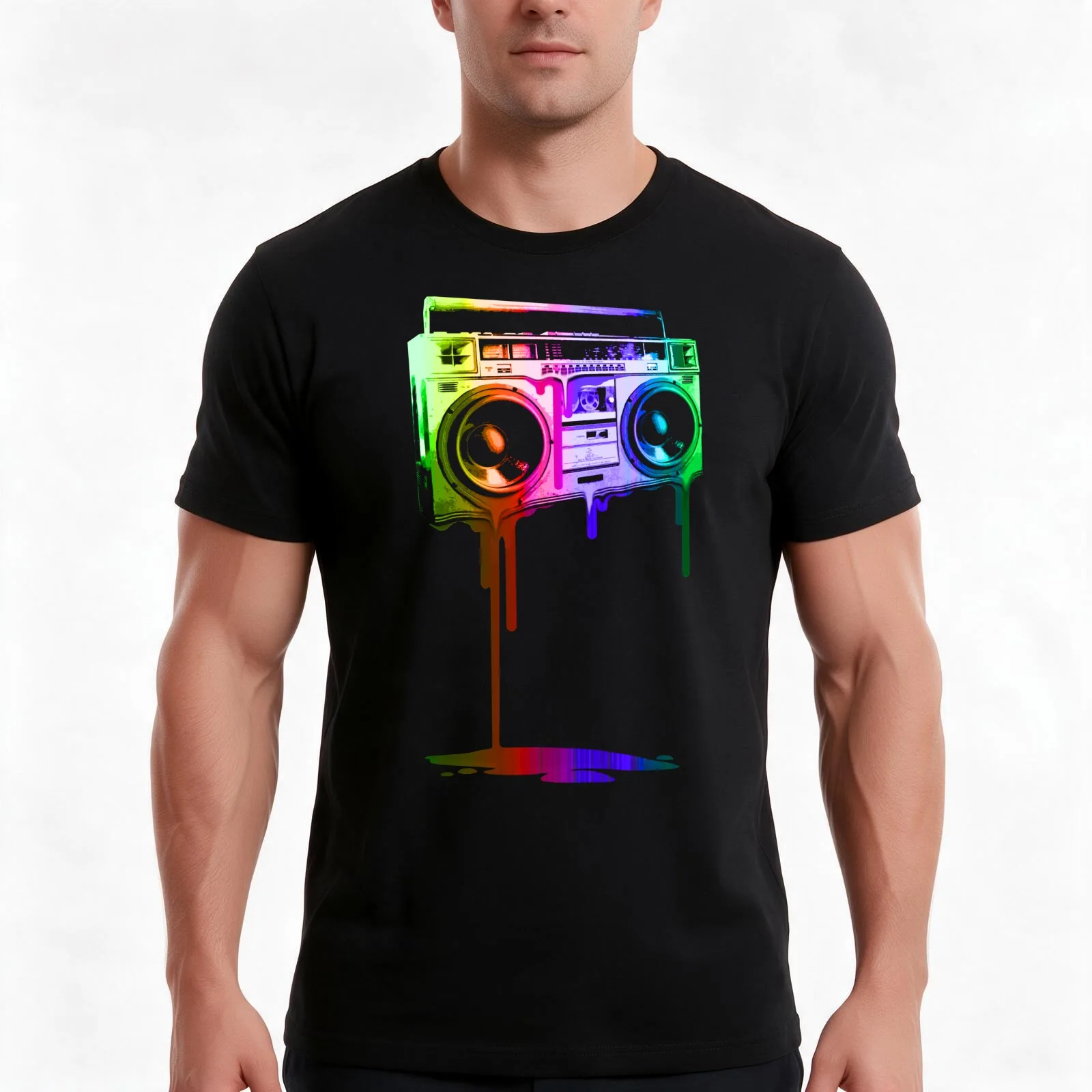 Melting Boombox (digital rainbow color) T-Shirt, Summer Casual Cotton Tee, Oversized Streetwear Tops, Vintage Graphic Print