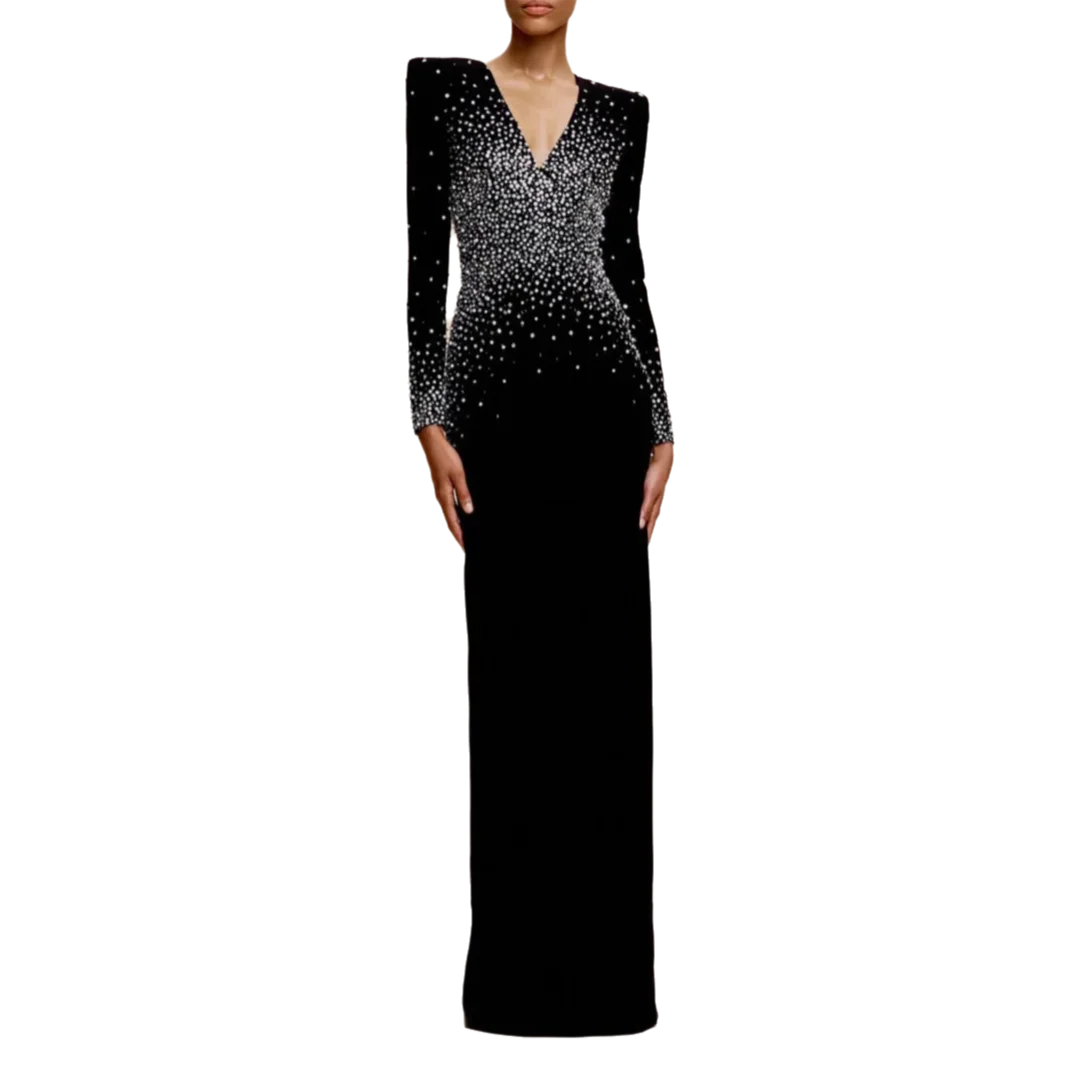 Vestido de noche elegante de manga larga con cuello en V y incrustaciones de diamantes para mujer, vestido adelgazante de moda brillante de alta gama