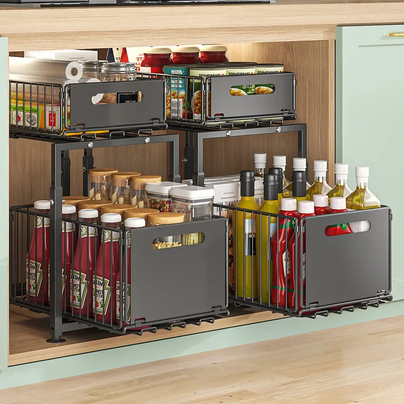 

2 Tier Pull Out Cabinet Organizer Under Sink Organizer Sliding Cabinet Basket Kitchen Storage Rack Spice Jar Storage Rack