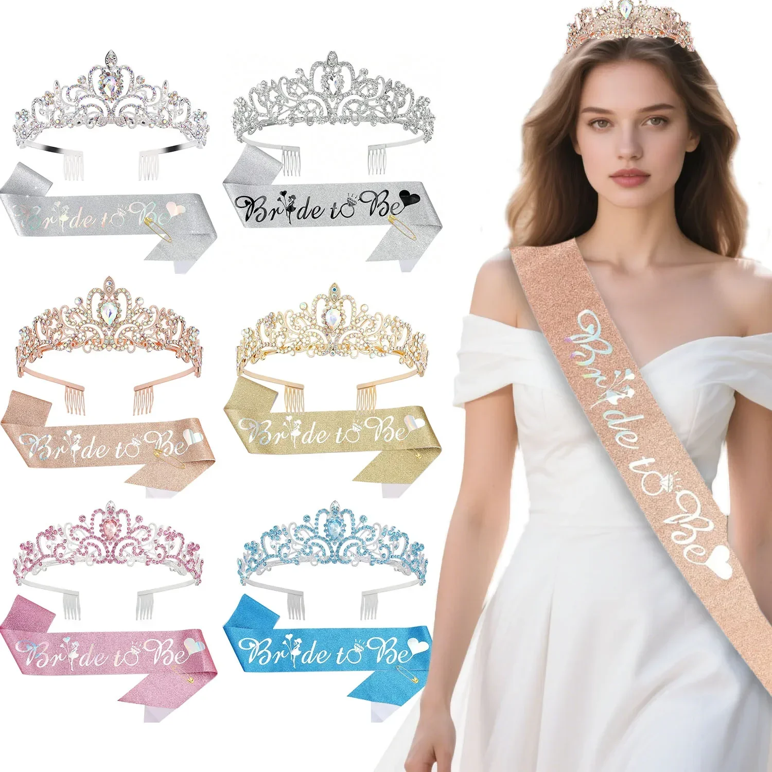 2-teiliges Set mit Dekorationen für die Brautparty, inklusive Schärpe für die zukünftige Braut und Kristallkrone – ideal für Junggesellinnenabschiede, Hochzeiten und Geburtstage.