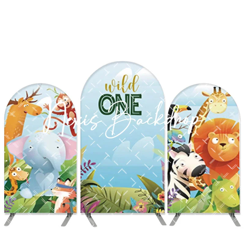 Wild One Funny Animals Island Safari Double-Sided Arch Bday Backdrop Decorations For Kids Blue Sky Grass 1st Birthday Banner