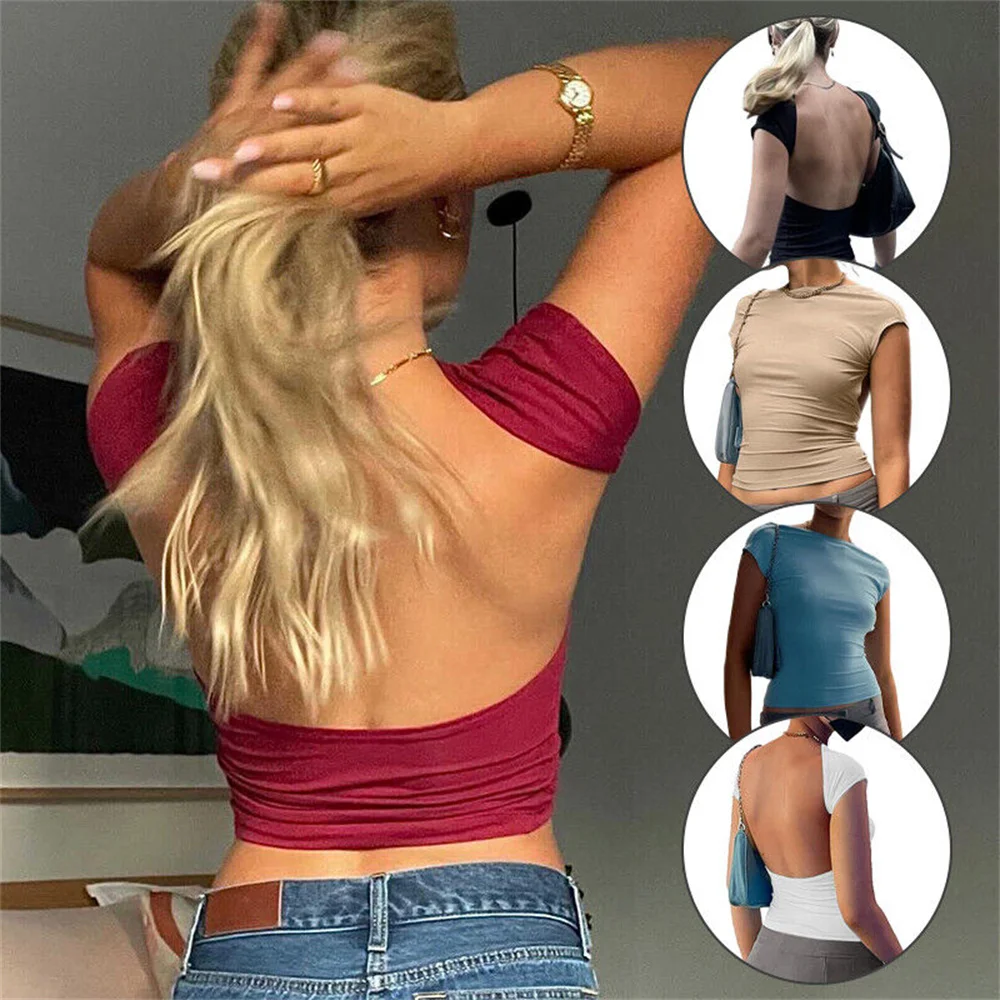 Women Sexy Backless Crop Top Y2K Casual Summer Short Sleeve Open Back T Shirts Streetwear Fit Slim Pullovers Base Tees T-Shirt