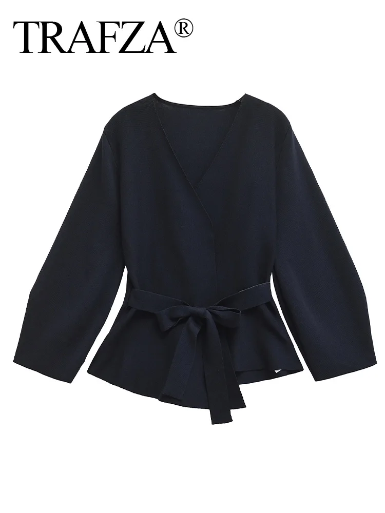 TRAFZA Women Elegant Coats Navy Blue V-Neck Long Sleeves Belted Shoulder Pads Tops Female Autumn Casual Knitted Cardigans Mujer