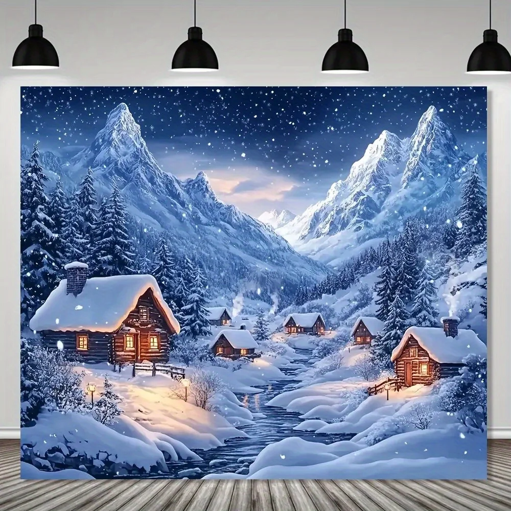 Grande tapisserie murale de paysage hivernal, décoration de cabane de village montagneux enneigé, style nordique de Noël, impression artistique hivernale magique
