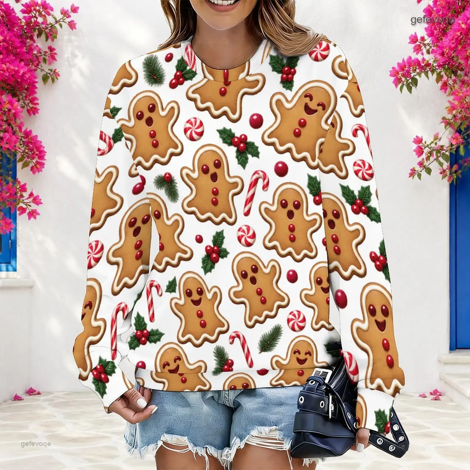 Women Round Neck Long Sleeve Pullover Sweatshirt, Gingerbread Gift Peppermint Holly Print