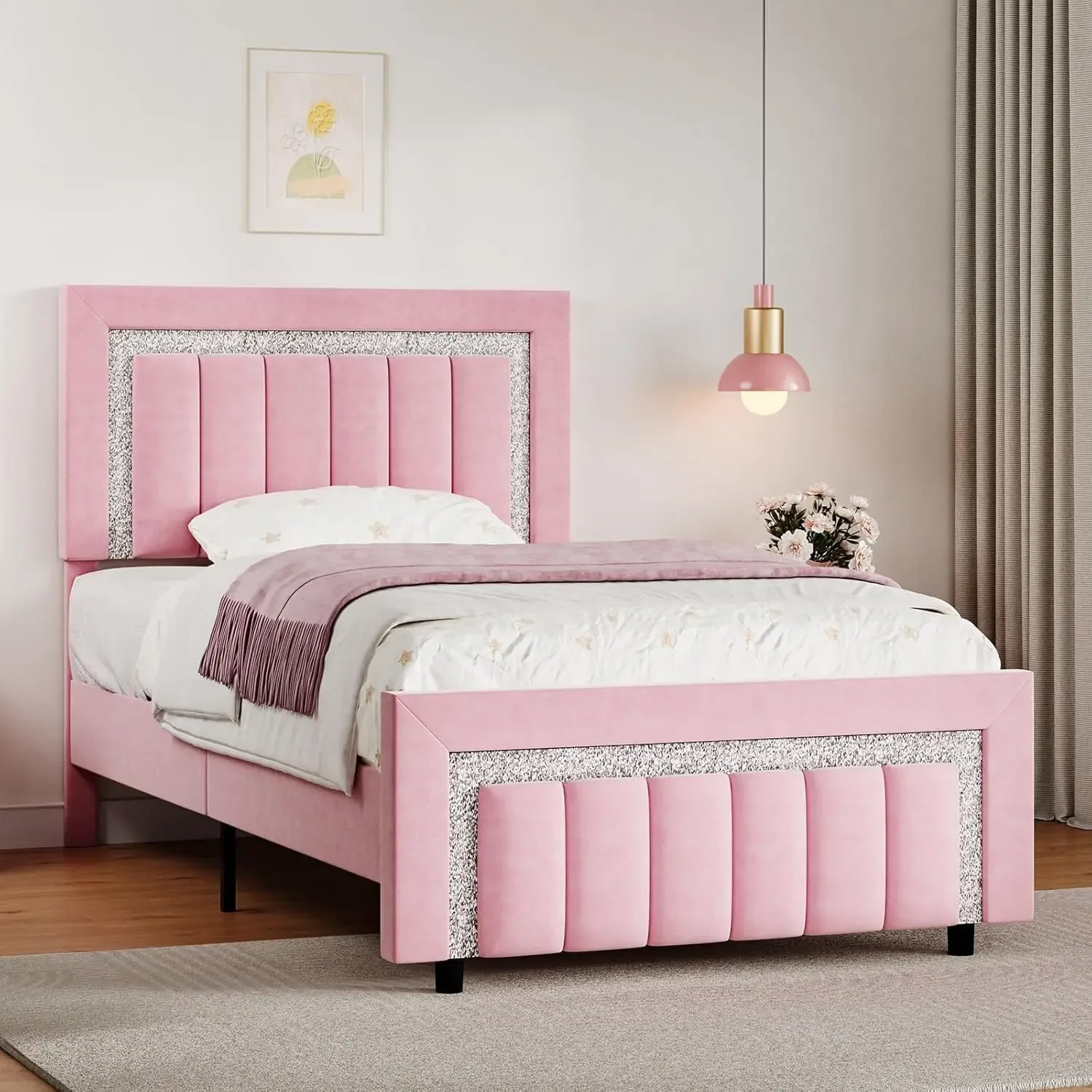 HOMBCK Estructura de cama doble, estructura de cama tapizada de terciopelo rosa con cabecero y pie de cama de diamantes, estructura de cama doble para niñas, Vertica