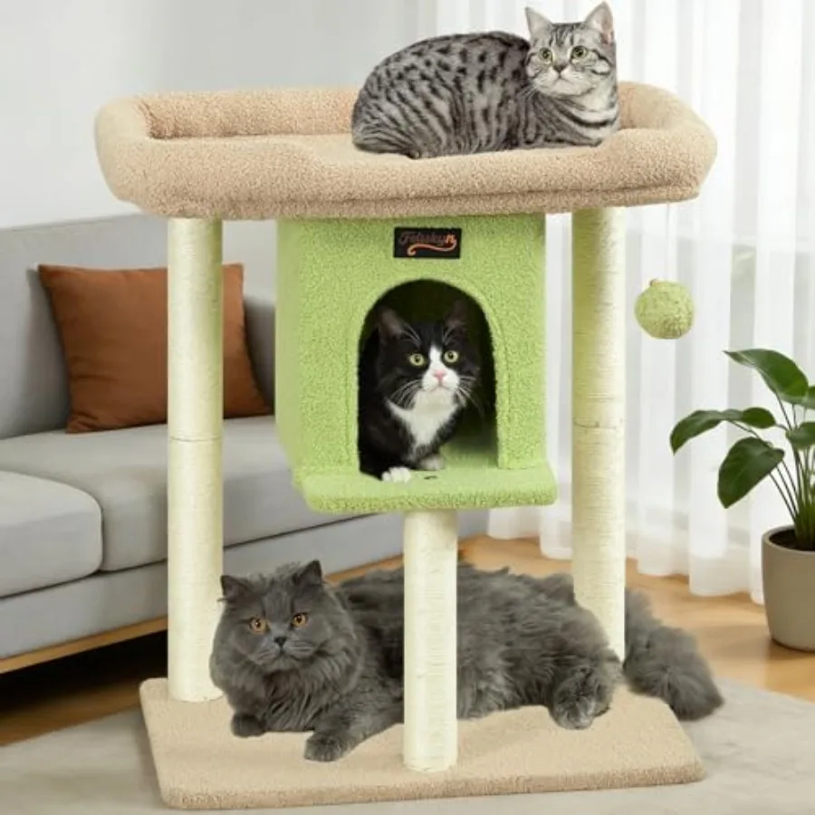 

Cat Tree Tower for door use sisal-wrapped scratching post gray and beige extra-large perch bed tall condo cave included toy bal