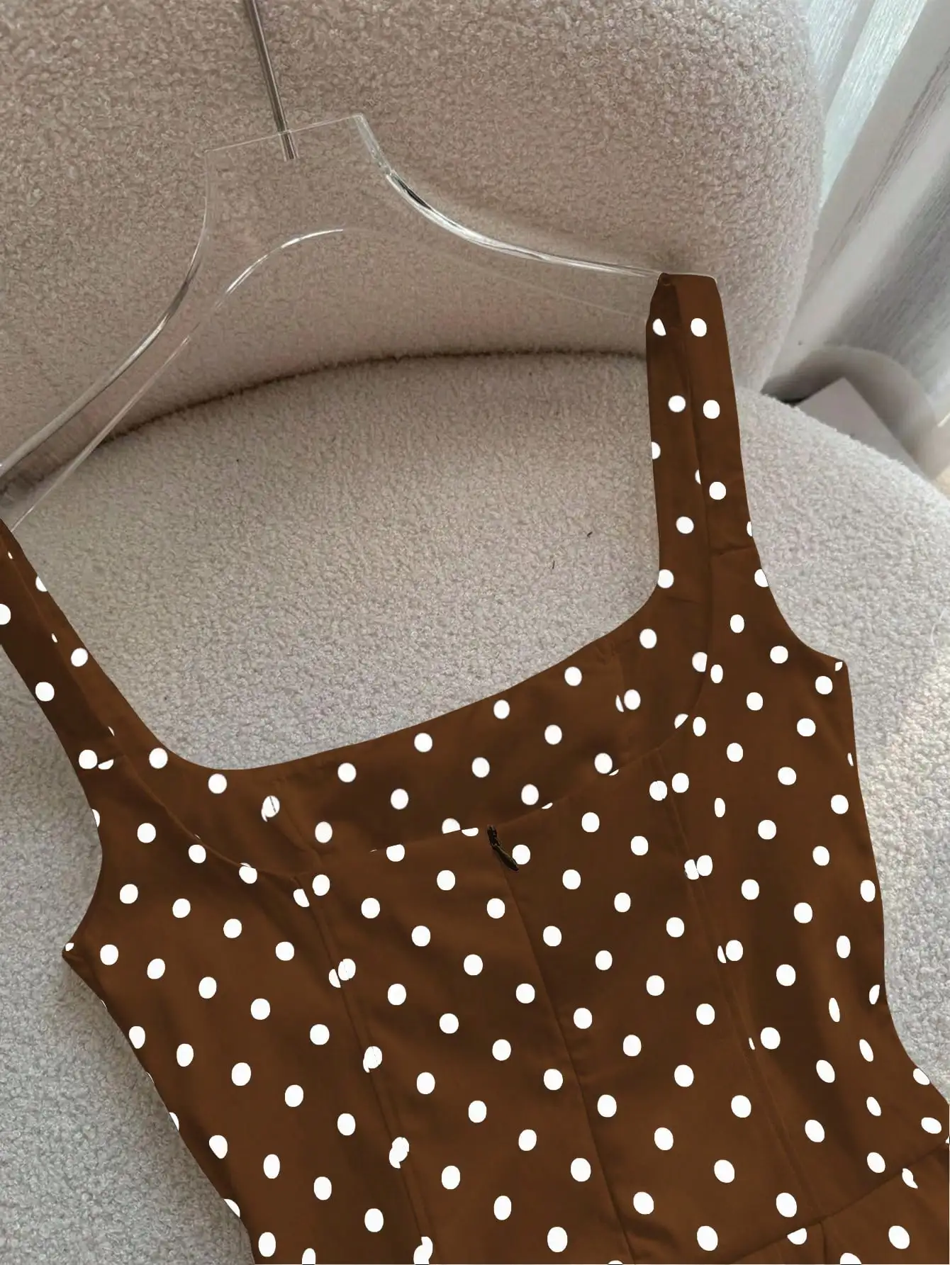 Vestido maxi sin mangas con cuello cuadrado y lunares blancos y marrones para mujer, estilo playero para vacaciones